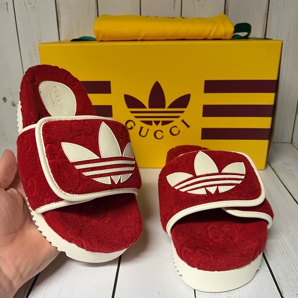 Gucci X Adidas Terry Cloth GG Monogram Platform Slide Sandals Red Sz 36 / 6